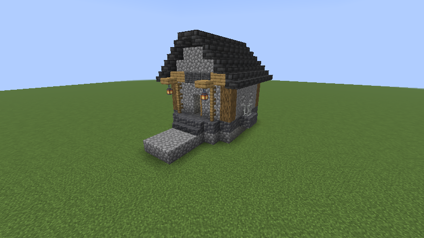 Miner home: masonry and dark Deepstone roof, with stairs at both entrances. Staged native fixture.