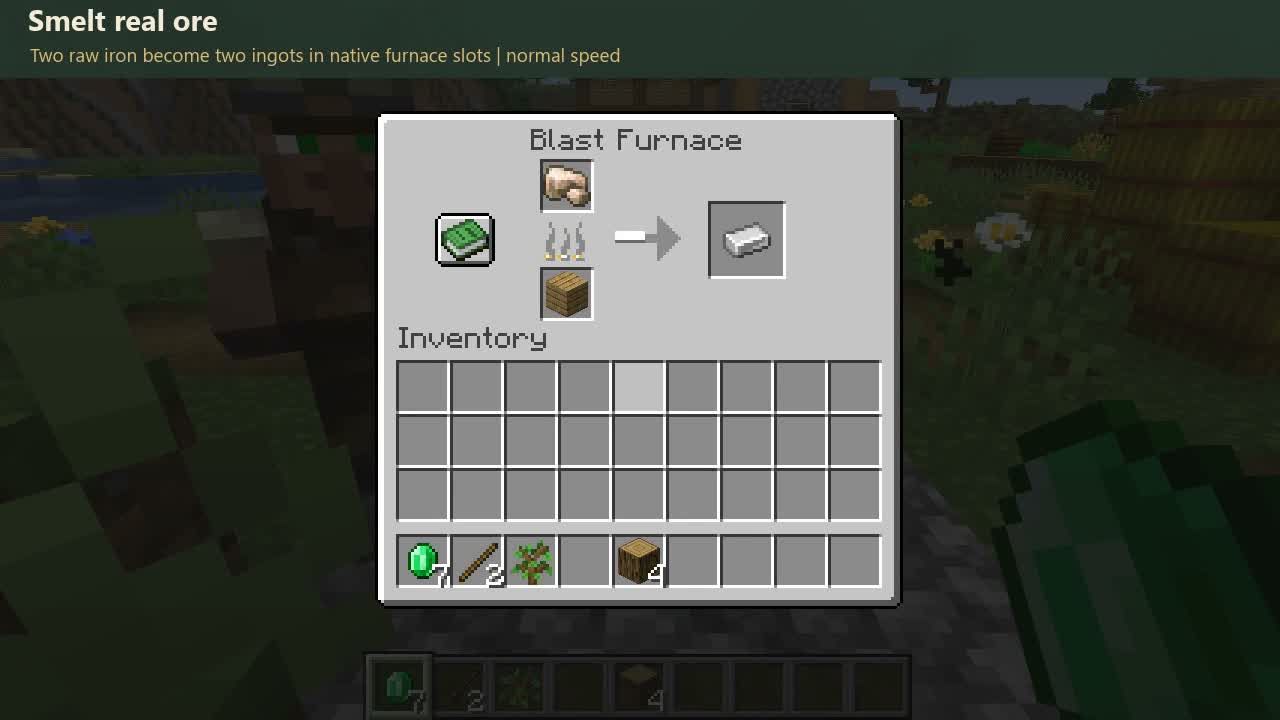 The native furnace interface shows real processing. Its slots are separate from Workstation Stock.