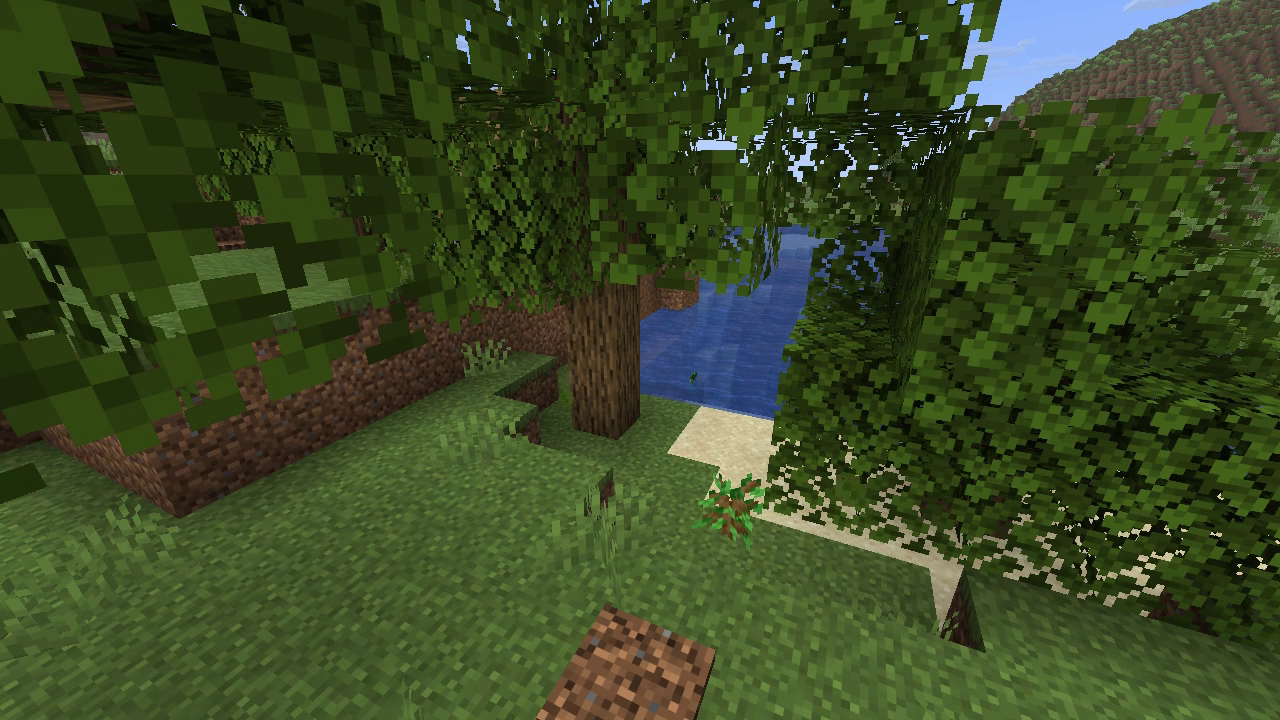 A replacement sapling at a harvested natural-tree stump, from recorded gameplay.